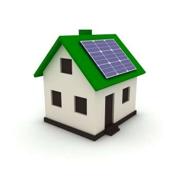 Billedet viser et modelhus med et solvarme-panel på taget